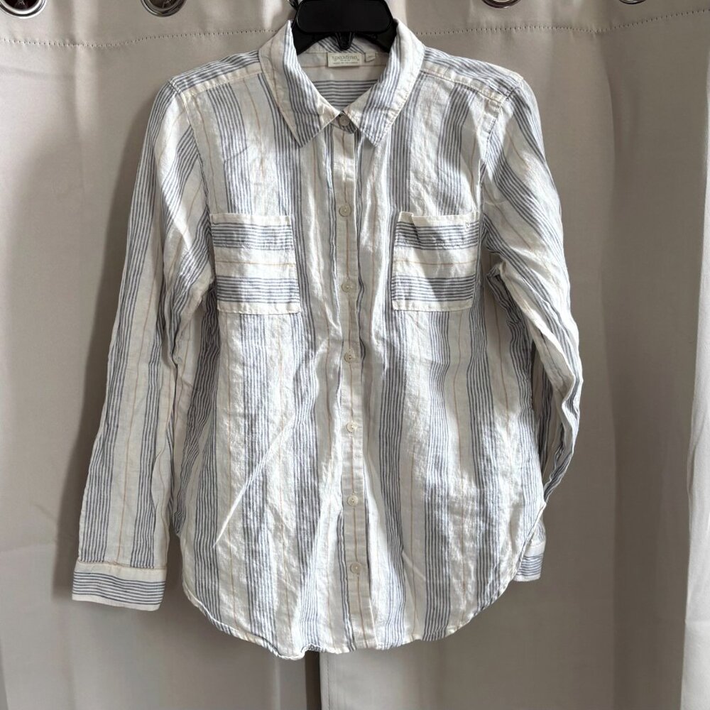 Spartina 449 Womens Top Medium Stripe 100% Linen Button Up Beach Coastal‎ 18465